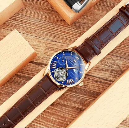 AILANG Tourbillon Mens Blue Watch Automatic Swiss Luminous Waterproof Mechanical Steampunk Clock with Gift Box