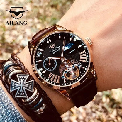 AILANG Tourbillon Mens Blue Watch Automatic Swiss Luminous Waterproof Mechanical Steampunk Clock with Gift Box