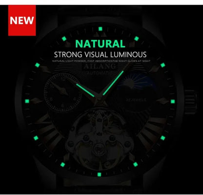 AILANG Tourbillon Mens Blue Watch Automatic Swiss Luminous Waterproof Mechanical Steampunk Clock with Gift Box