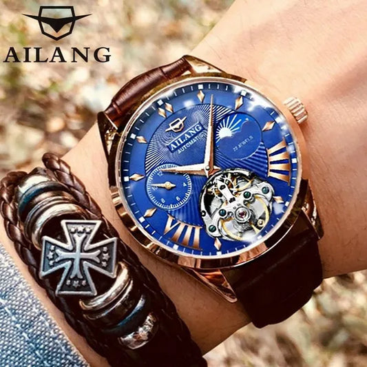 AILANG Tourbillon Mens Blue Watch Automatic Swiss Luminous Waterproof Mechanical Steampunk Clock with Gift Box