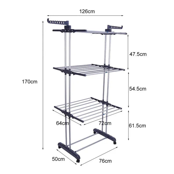 Heavy Duty Laundry Clothes Indoor Outdoor Portable Folding Drying Rack Rail Rolling Hanger Holder Airer