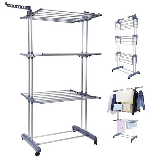 Heavy Duty Laundry Clothes Indoor Outdoor Portable Folding Drying Rack Rail Rolling Hanger Holder Airer