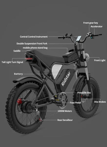 Ridstar Q20 1000W 48V 20'' Fat Tyre 20A Battery All Terrain Off-Road Electric Bike