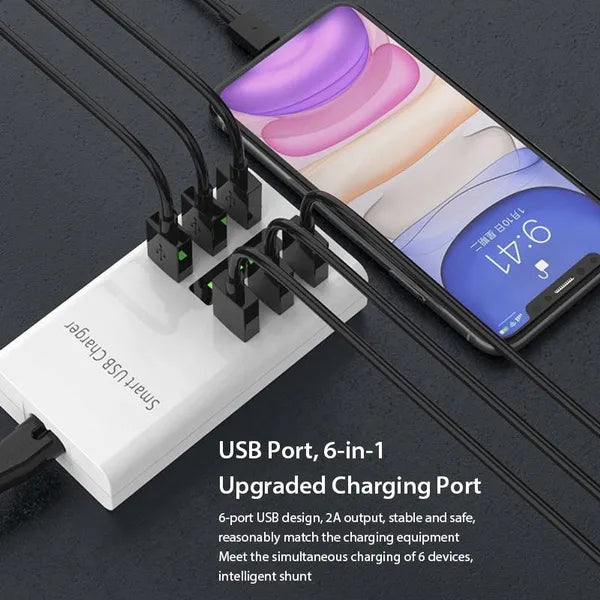 Universal 6 In 1 Port USB Phone Charger Travel Wall Power Fast Quick Charging Station UK Adapter 30W