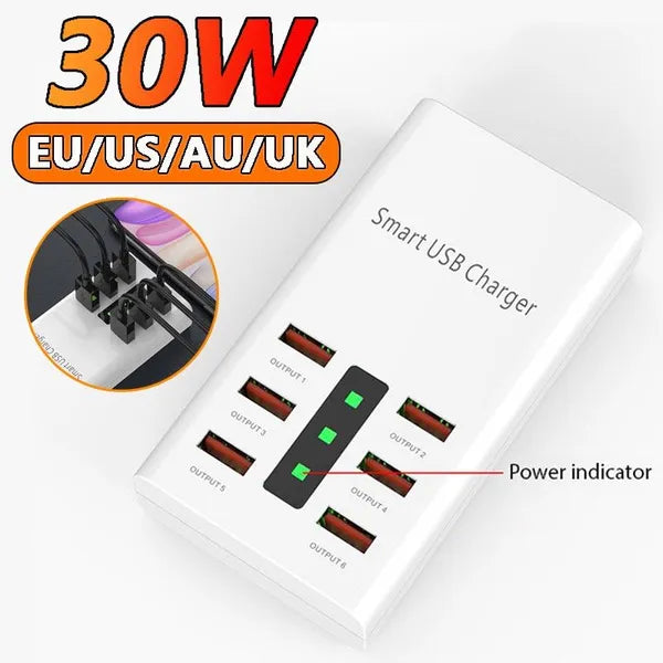 Universal 6 In 1 Port USB Phone Charger Travel Wall Power Fast Quick Charging Station UK Adapter 30W