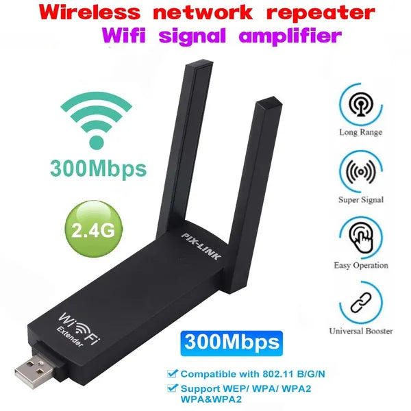 PIXLINK Wireless Wifi Repeater 300mbps USB Wireless Router Signal Amplifier Dual Antennas Range Extender 2.5GHz