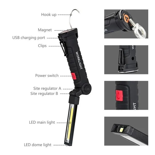 Rechargeable Magnetic LED Emergency Floodlight COB Folding Camping Work Light Strong Flashlight Car Service Lamp Torch