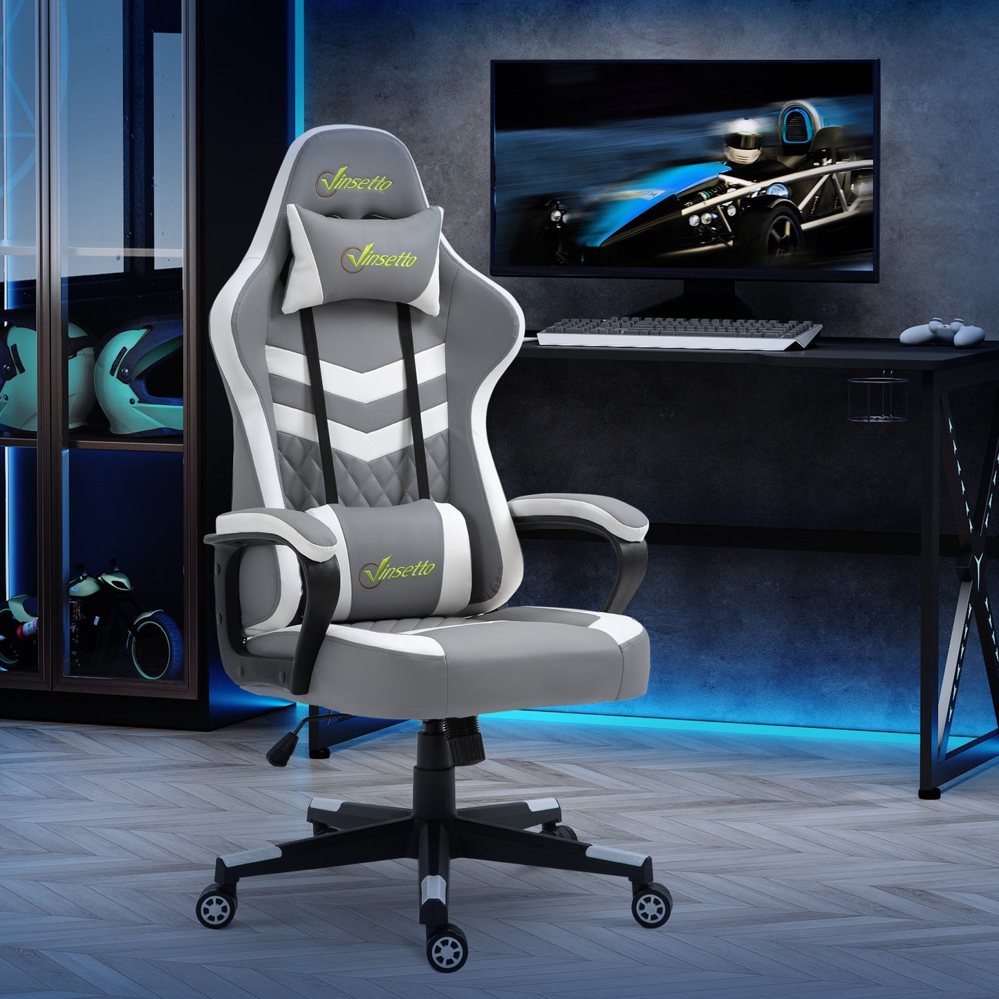 Racing Gaming Office Chair with Lumbar Support, Headrest, Swivel Wheel, PVC Leather Gamer Desk Chair for Home Office,