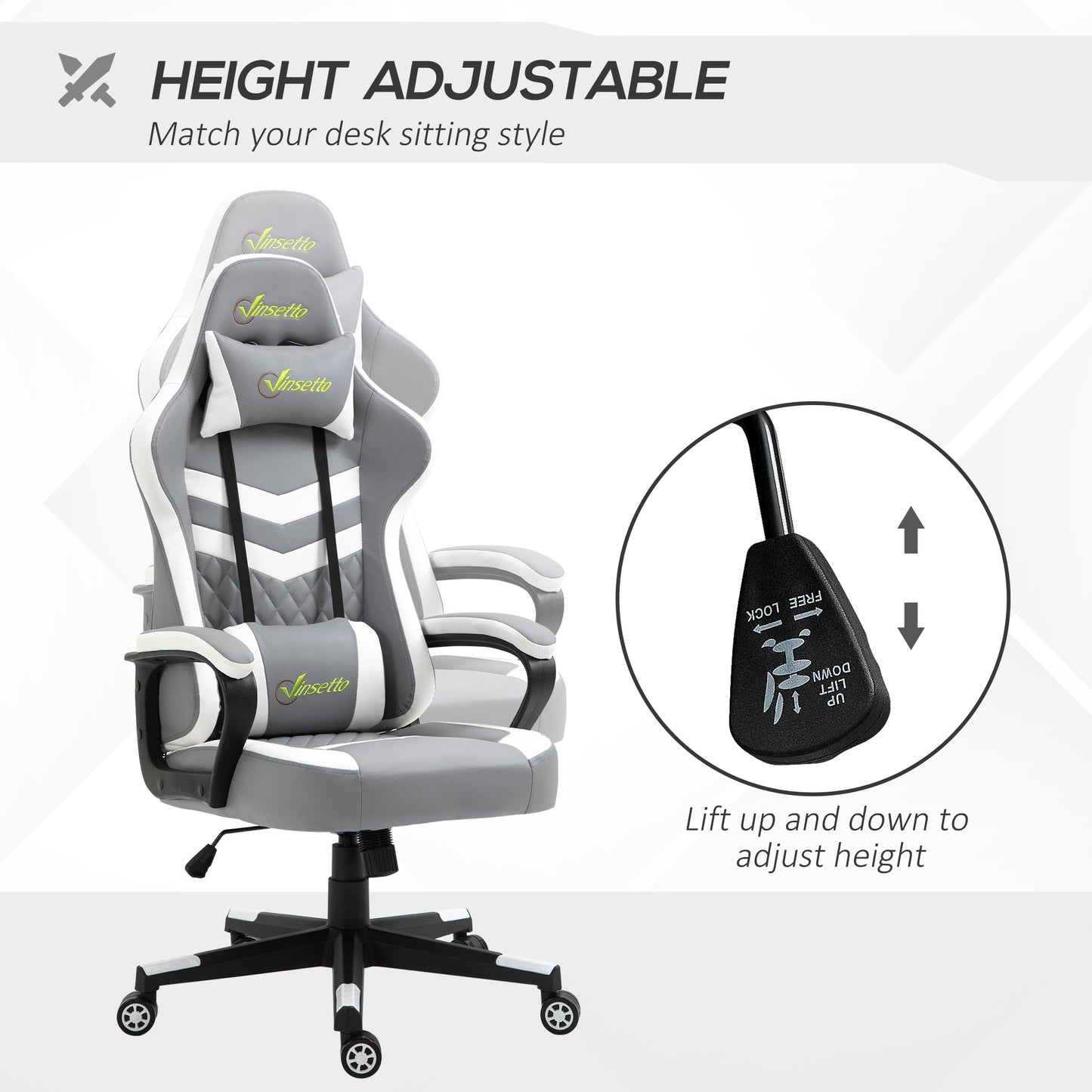 Racing Gaming Office Chair with Lumbar Support, Headrest, Swivel Wheel, PVC Leather Gamer Desk Chair for Home Office,