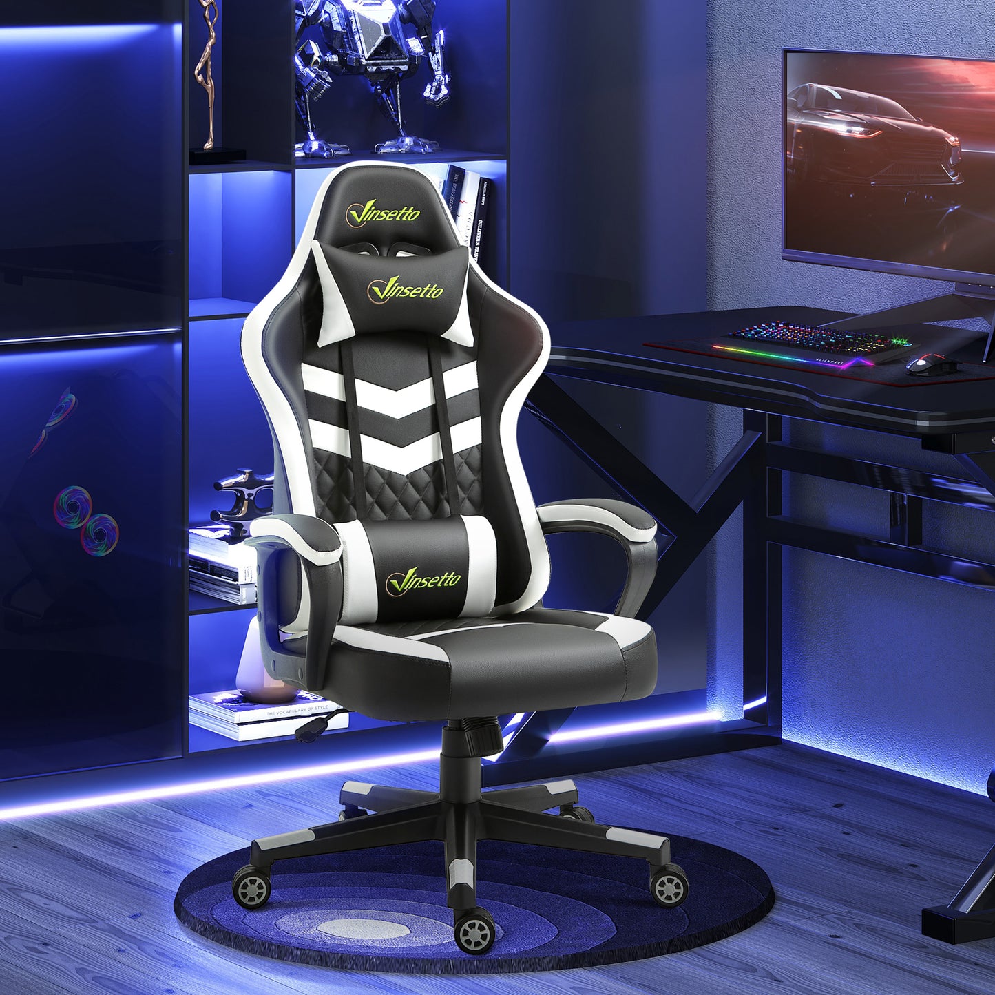 Racing Gaming Office Chair with Lumbar Support, Headrest, Swivel Wheel, PVC Leather Gamer Desk Chair for Home Office,