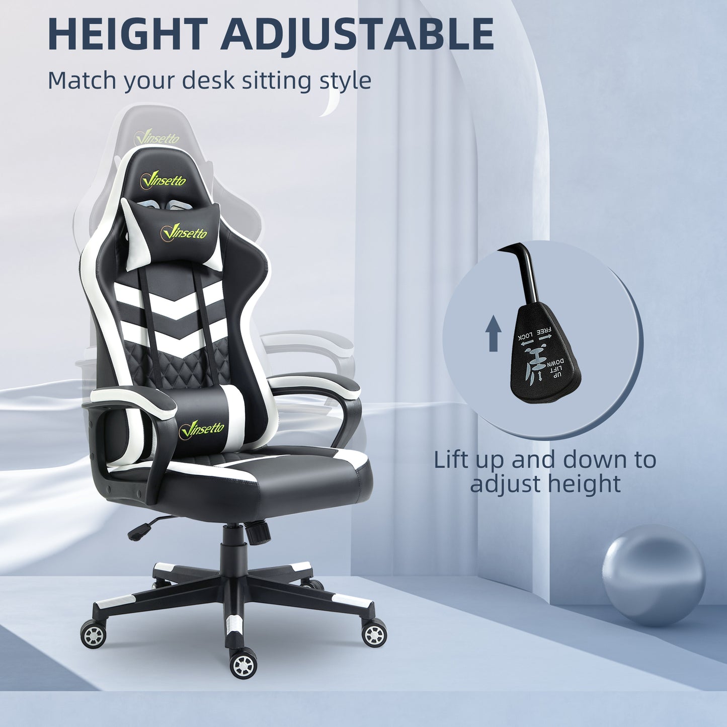 Racing Gaming Office Chair with Lumbar Support, Headrest, Swivel Wheel, PVC Leather Gamer Desk Chair for Home Office,