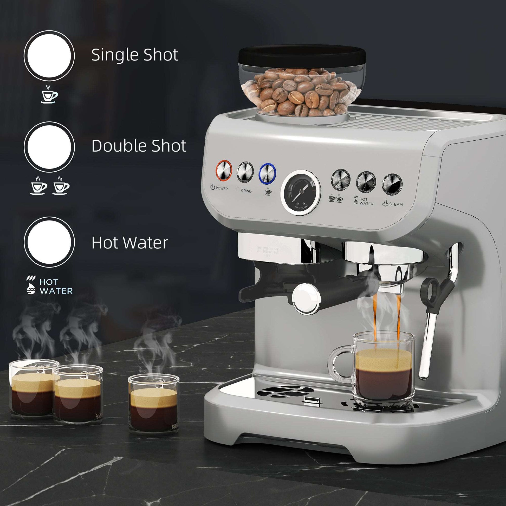 15 Bar Coffee Expresso Machine, with Adjustable Grind, Steamer and Accessories - Silver Colour