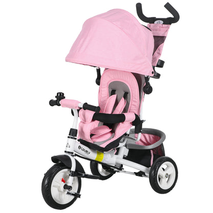 4 in 1 Kids Trike Push Bike w/ Push Handle, Canopy, 5-point Safety Belt, Storage, Footrest, Brake, for 1-5 Years, Pink