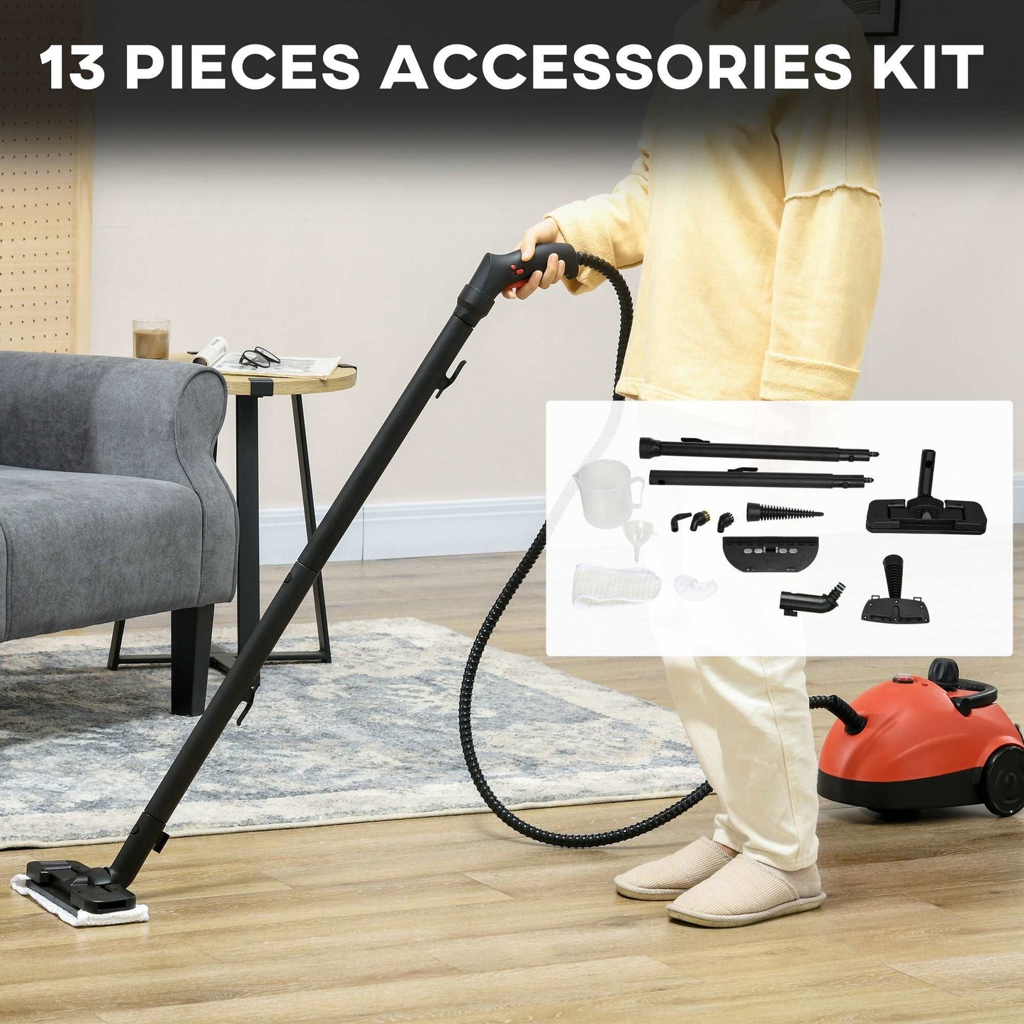 1.2 Litre Tank Portable Steam Cleaner Chemical Free Cleaning 3.5bar Multi Purpose Steamer, 13 Piece Accessory Steam Mop  1500W - Red