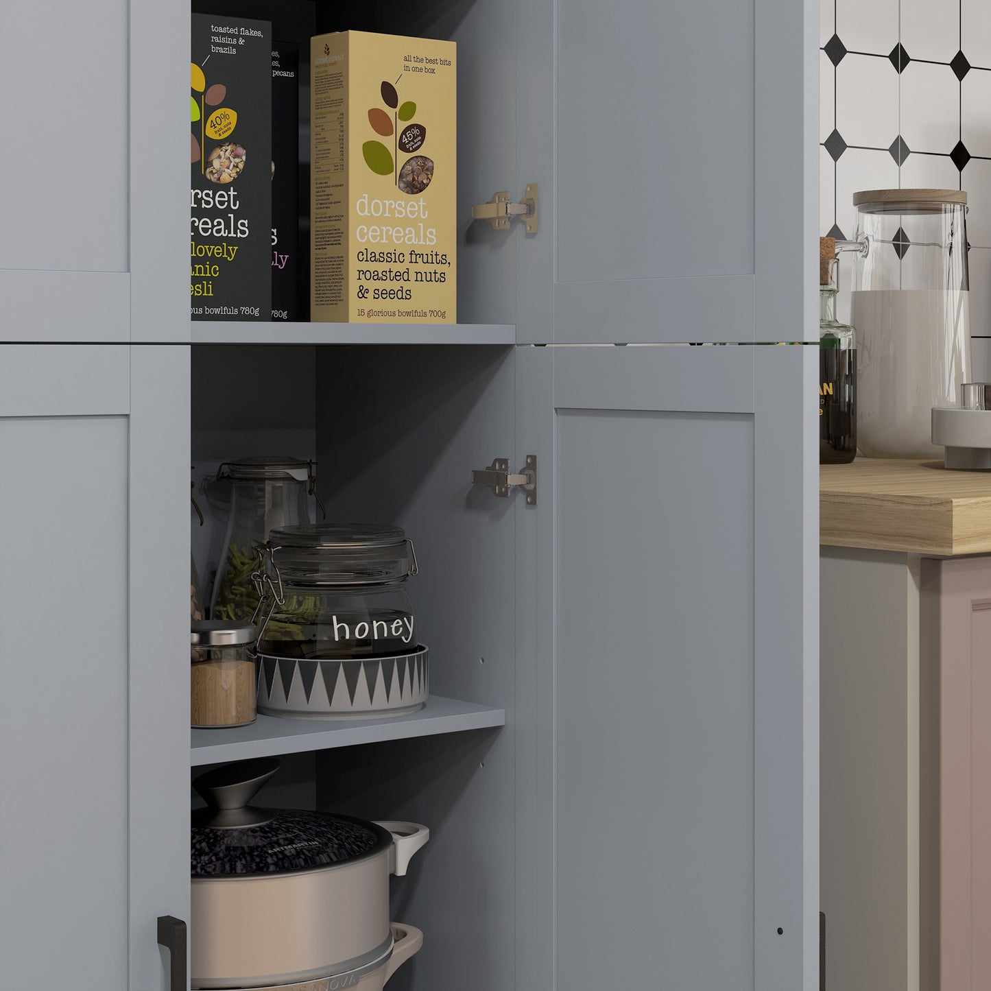 Freestanding Kitchen Cupboard, 4-Door Storage Cabinet Organizer with Adjustable Shelves Grey