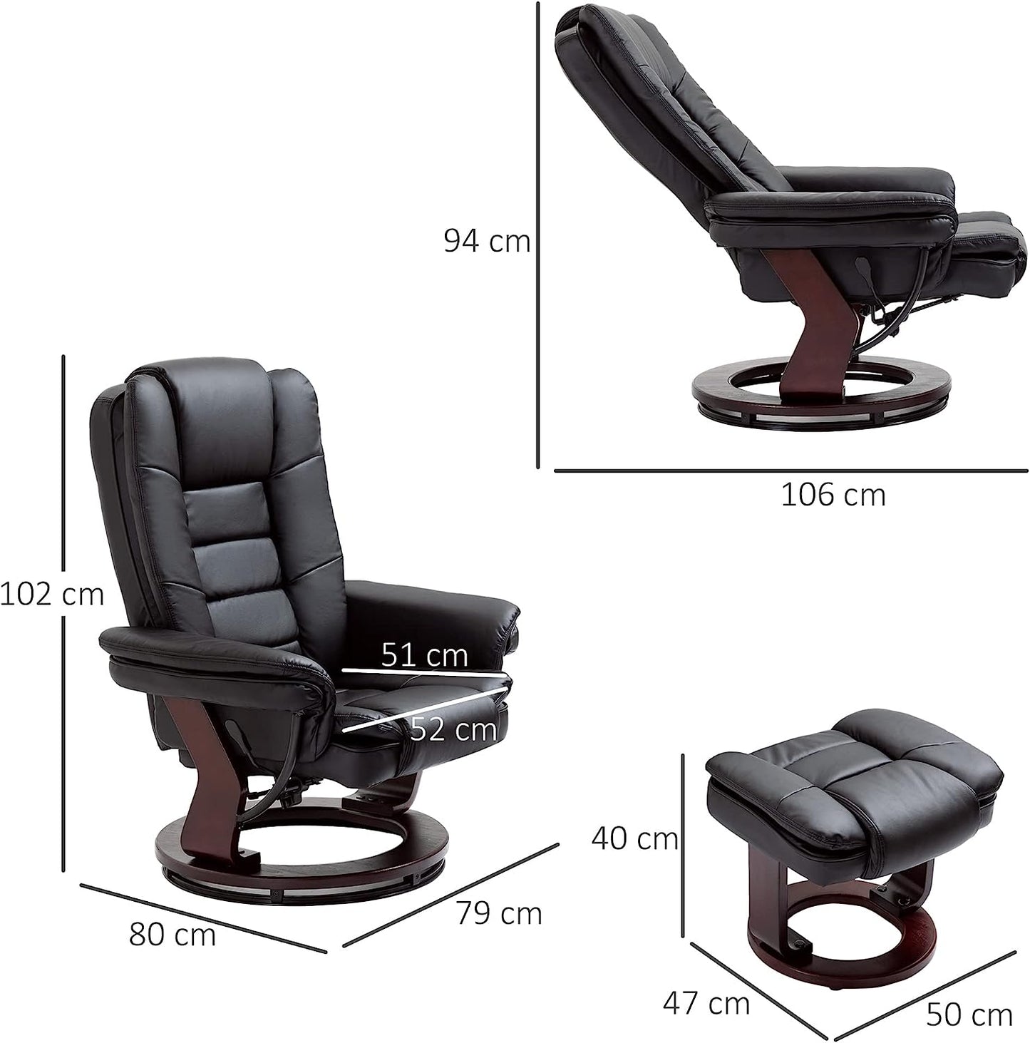 Manual Recliner and Footrest Set PU Leather Leisure Lounge Chair Armchair with Swivel Wood Base