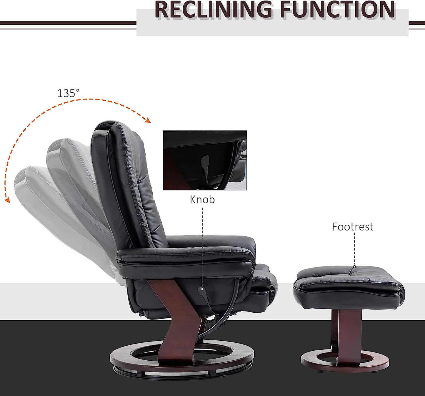 Manual Recliner and Footrest Set PU Leather Leisure Lounge Chair Armchair with Swivel Wood Base