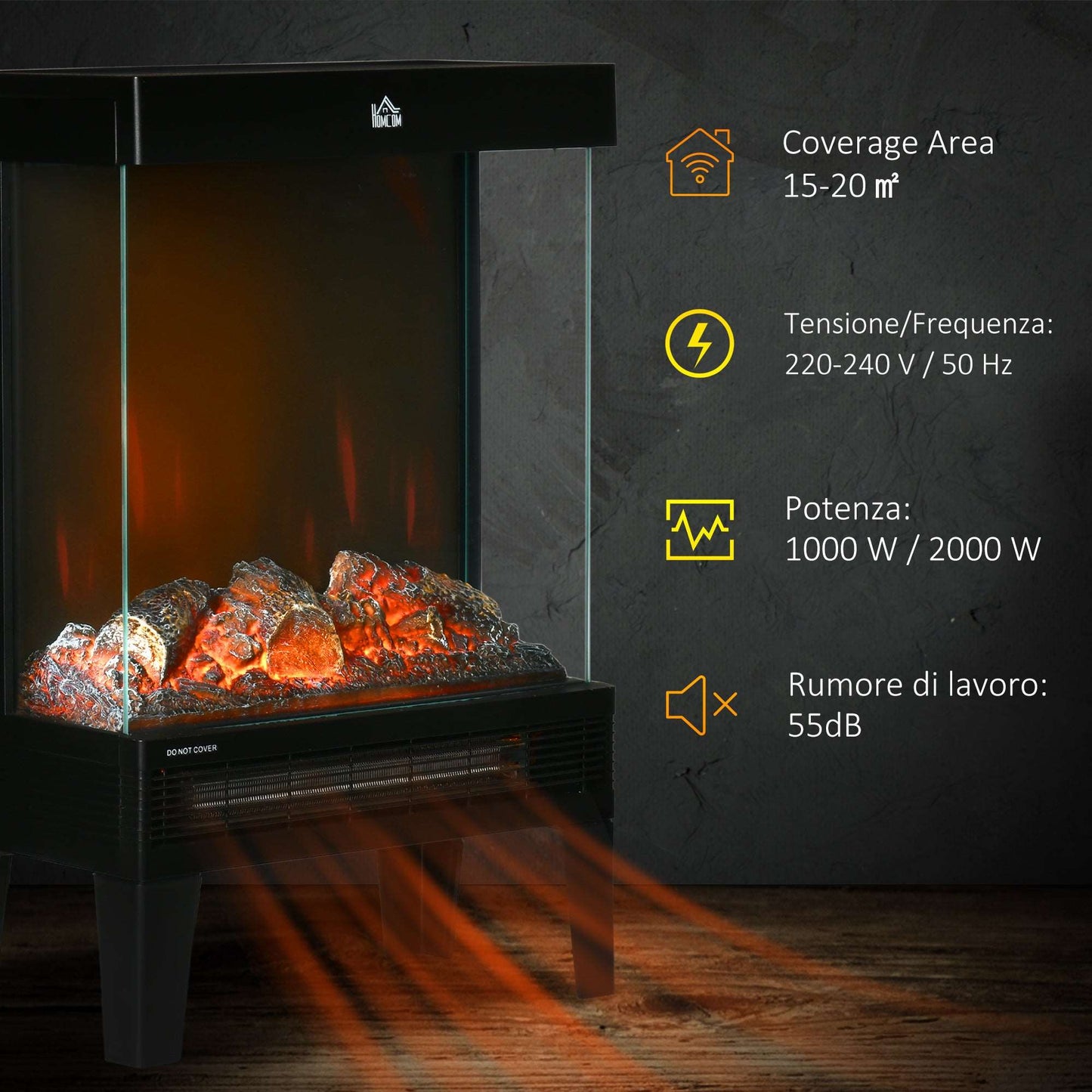 180° Charming Electric Fireplace Heater, Quiet Freestanding Stove with LED Flame Effect, Level-less Temperature Control Overheating Protection