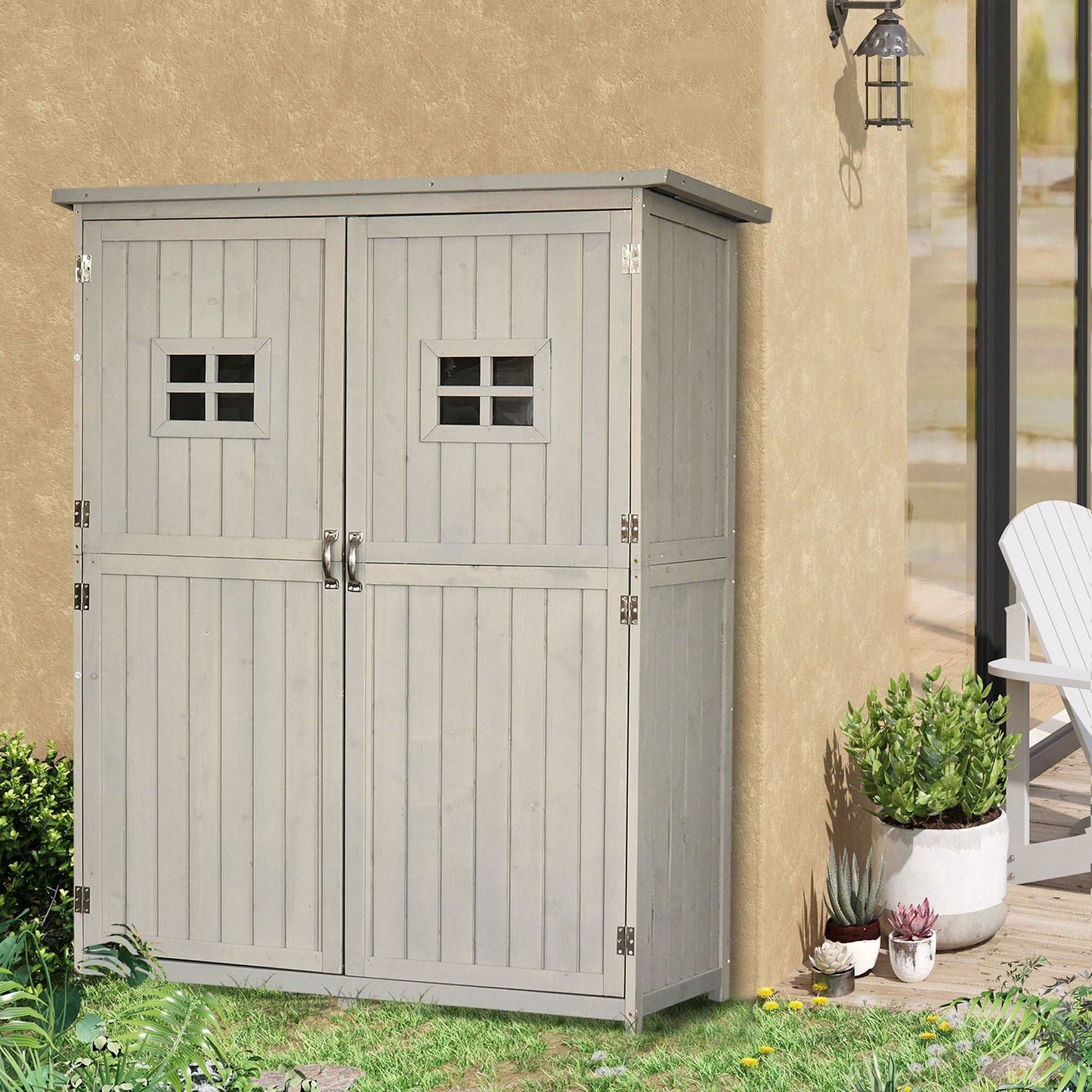 127.5L x 50W x 164H cm Wooden Garden Shed With Two Windows, Tool Storage Cabinet Grey