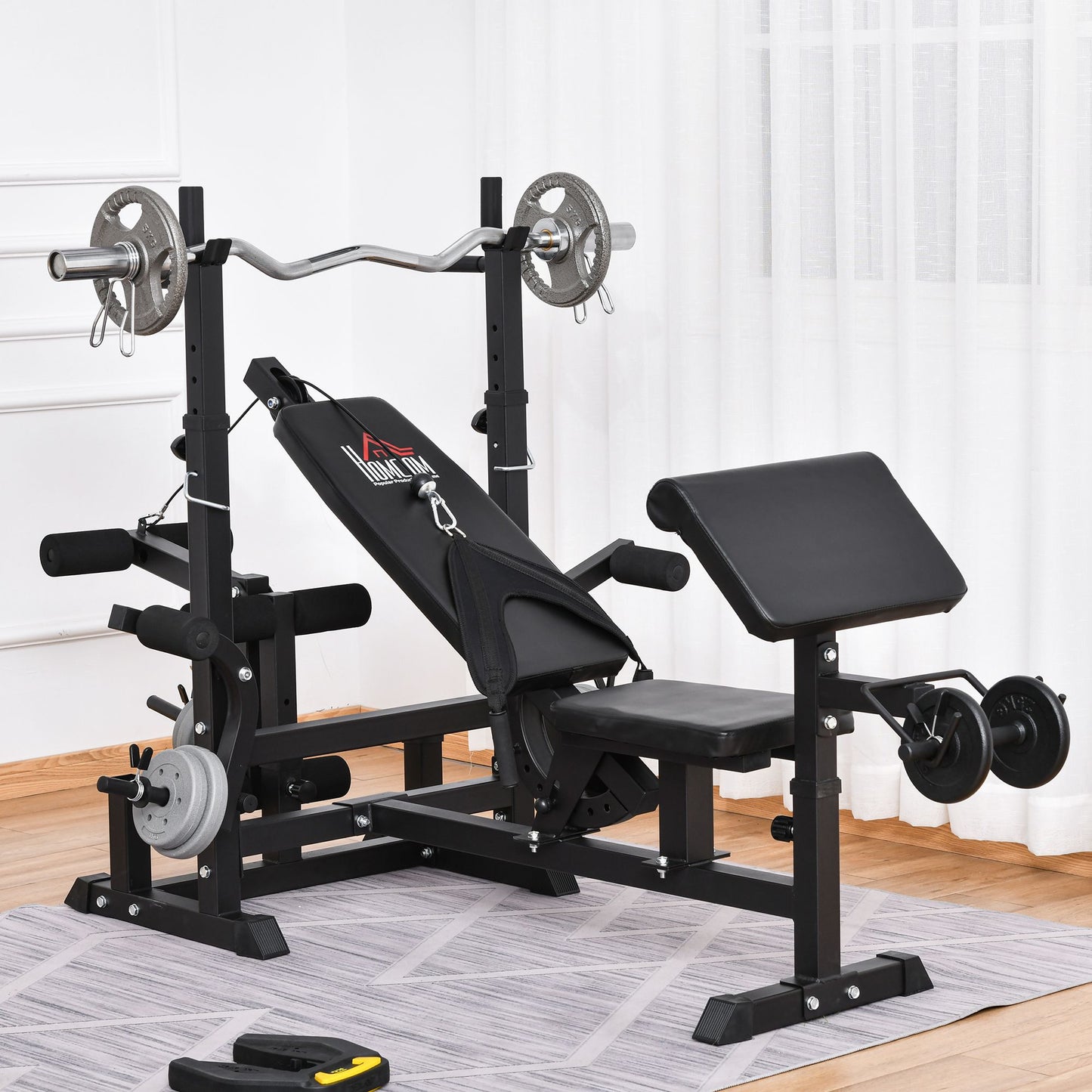 Multi-Exercise Full-Body Weight Rack With Bench Press, Leg Extension, Chest Fly Resistance Band & Preacher Curl