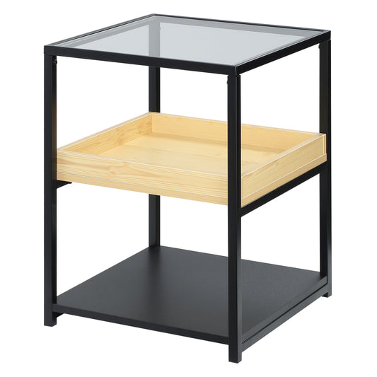 Glass Top Side Table, 3-Tier End Table With Storage Shelves, Nightstand With Steel Frame For Bedroom