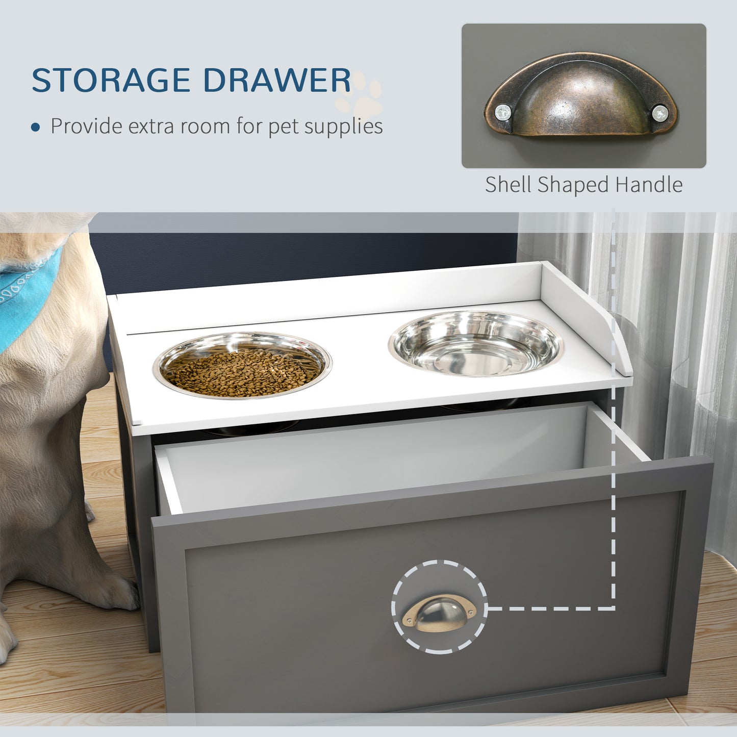 PawHut Stainless Steel Raised Dog Bowls, with 21L Storage Drawer for Large Dogs - Grey / White