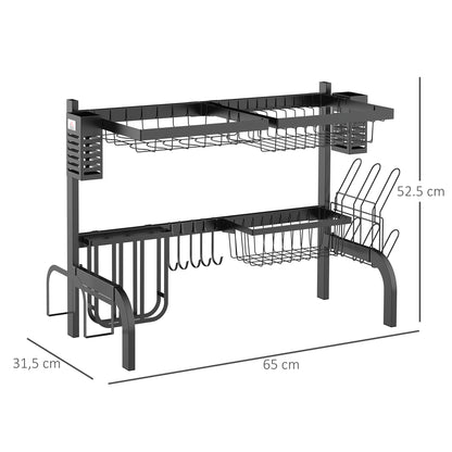 65cm Over The Sink Dish Drainer Rack, 2 Tier Dish Rack for Kitchen Counter, Space Saving Dish Drying Rack, Black