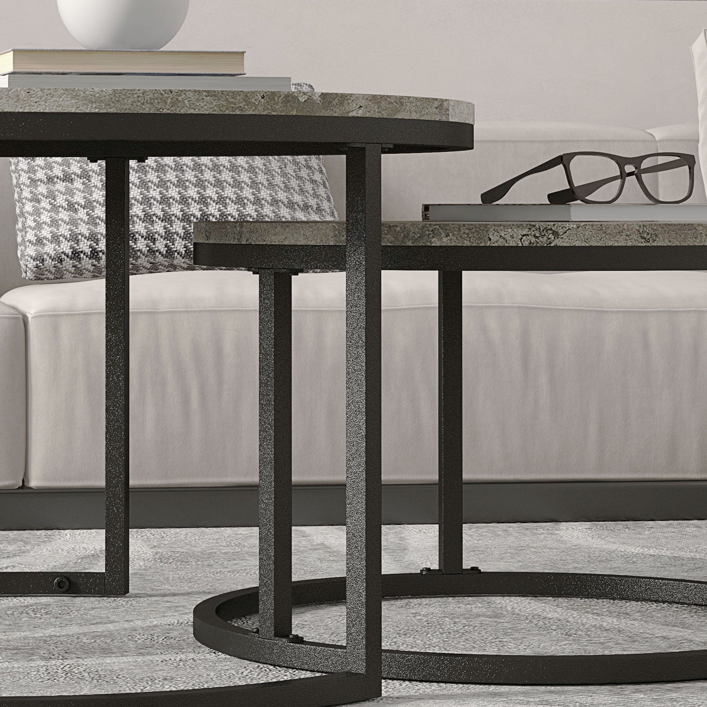 Industrial Nesting Coffee Table Set of 2, Round Coffee Tables, Living Room Table with Faux Cement Top and Steel Frame