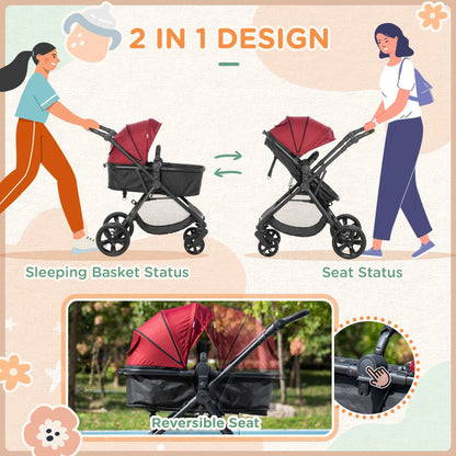 2 in 1 Lightweight Pushchair w/ Reversible Seat, Foldable Travel Baby Stroller w/ Fully Reclining From Birth to 3 Years, 5-point Harness Red