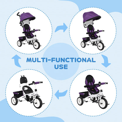 4 in 1 Kids Trike Push Bike w/ Push Handle, Canopy, 5-point Safety Belt, Storage, Footrest, Brake, for 1-5 Years, Purple