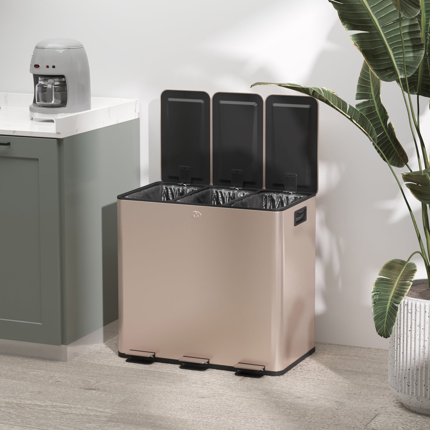 3 x 15L Pedal Bin, Steel Triple Kitchen Bin with Soft Close Lid, Removable Inner Buckets, Fingerprint-Proof, Gold Tone