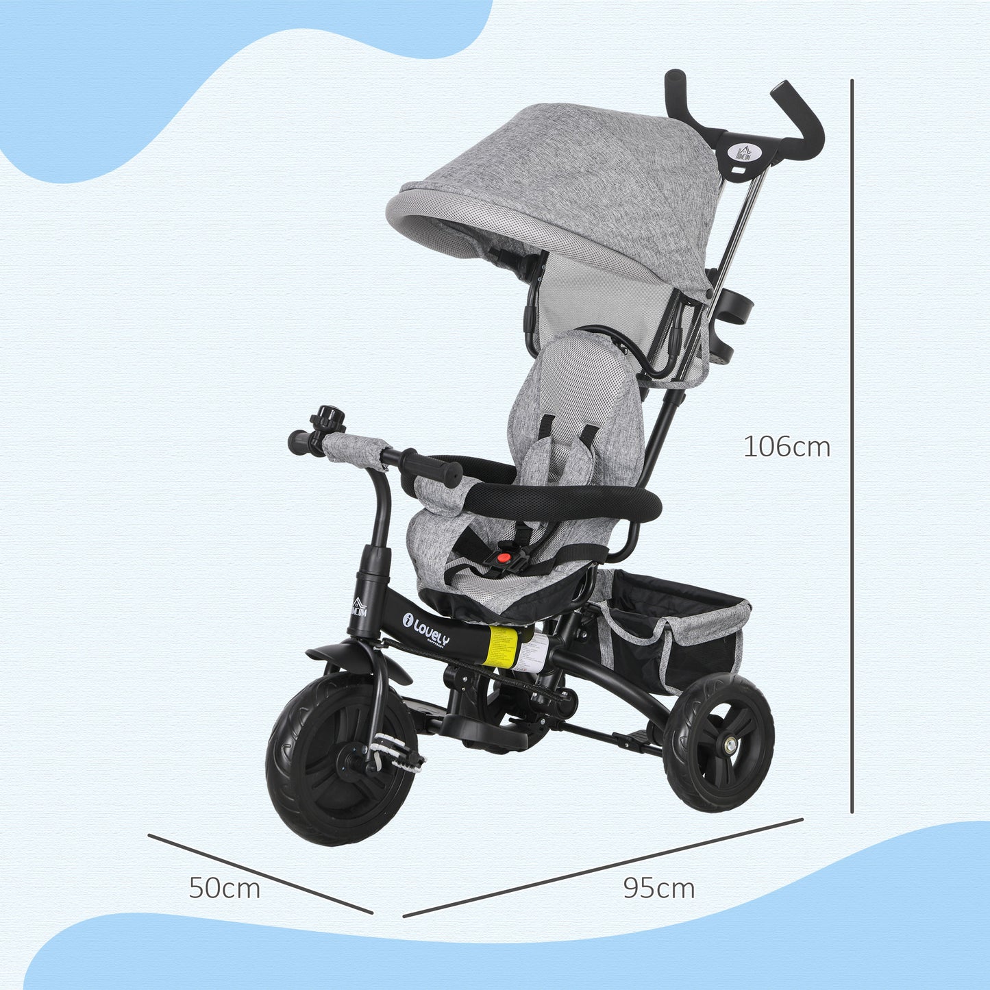 4 in 1 Kids Trike Push Bike w/ Push Handle, Canopy, 5-point Safety Belt, Storage, Footrest, Brake, for 1-5 Years, Grey