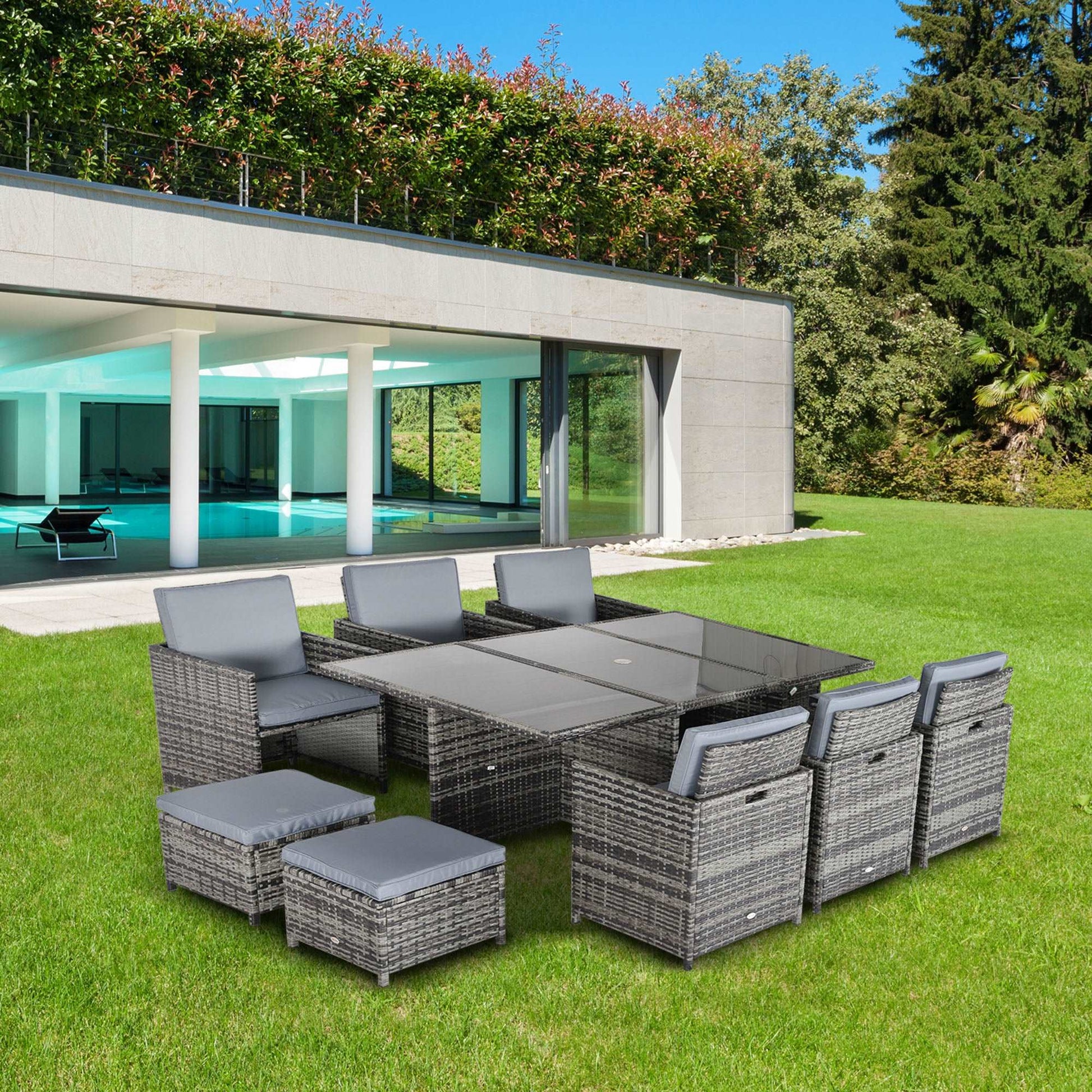 11 Piece Rattan Garden Furniture Patio Dining Set 10-seater Cube Sofa Weave Wicker 6 Chairs 4 Footrests & 1 Table Mixed Grey