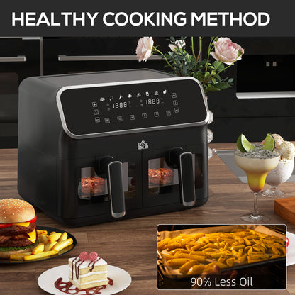 Dual Air Fryer Double Oven, 8L Family Size W/ 8-In-1 Presets, Smart Finish, Digital Display, Visual Window, Recipe, Timer,  Healthy Cooking - Silver