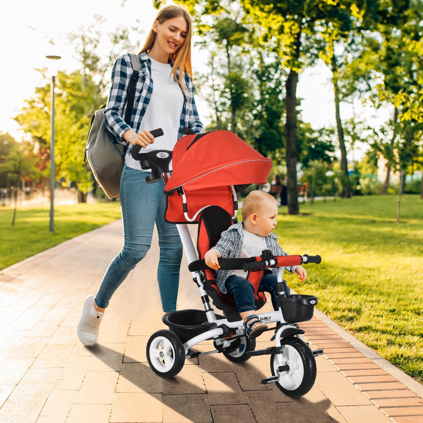 HOMCOM Metal Frame 4 in 1 Baby Push Tricycle with Parent Handle for 1-5 Years Old, Red