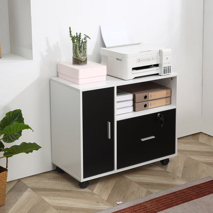 Filing Cabinet with Lockable Drawer, Mobile File Cabinet with 4 Wheels and Shelf, Printer Stand for Hanging A4 and Letter Sized Files, Home Office, Black and White