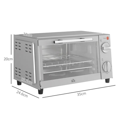 Mini Oven, 9L Countertop Electric Grill, Toaster Oven with Adjustable Temperature, Timer, Baking Tray and Wire Rack, 750W, Silver