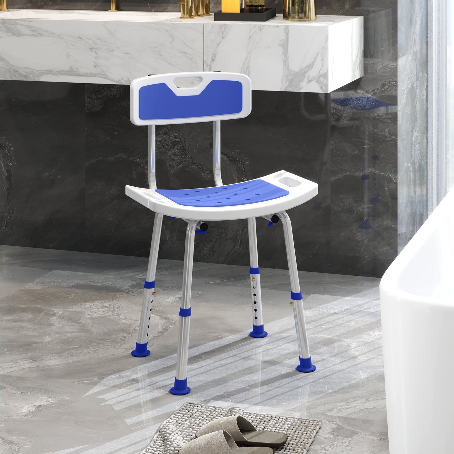 Shower Stool with Backrest, Height Adjustable Shower Chair, Shower Head Holder, Blue