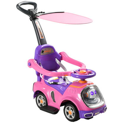 AIYAPLAY 3 in 1 Ride on Push Car, Cartoon Robot Theme Foot to Floor Slider w/ Handle Light Music Horn, Storage - Pink