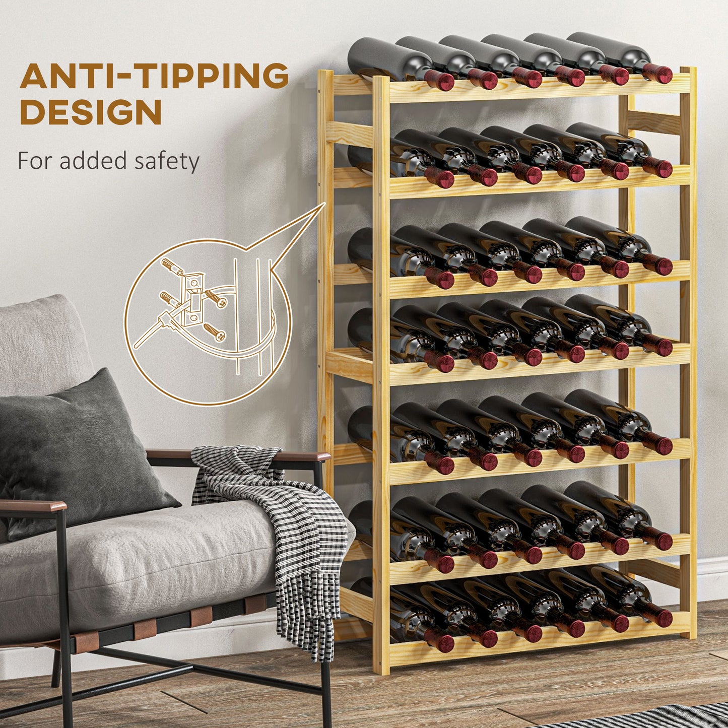 Pine Wood 42-Bottle Wooden Wine Rack - Natural Finish