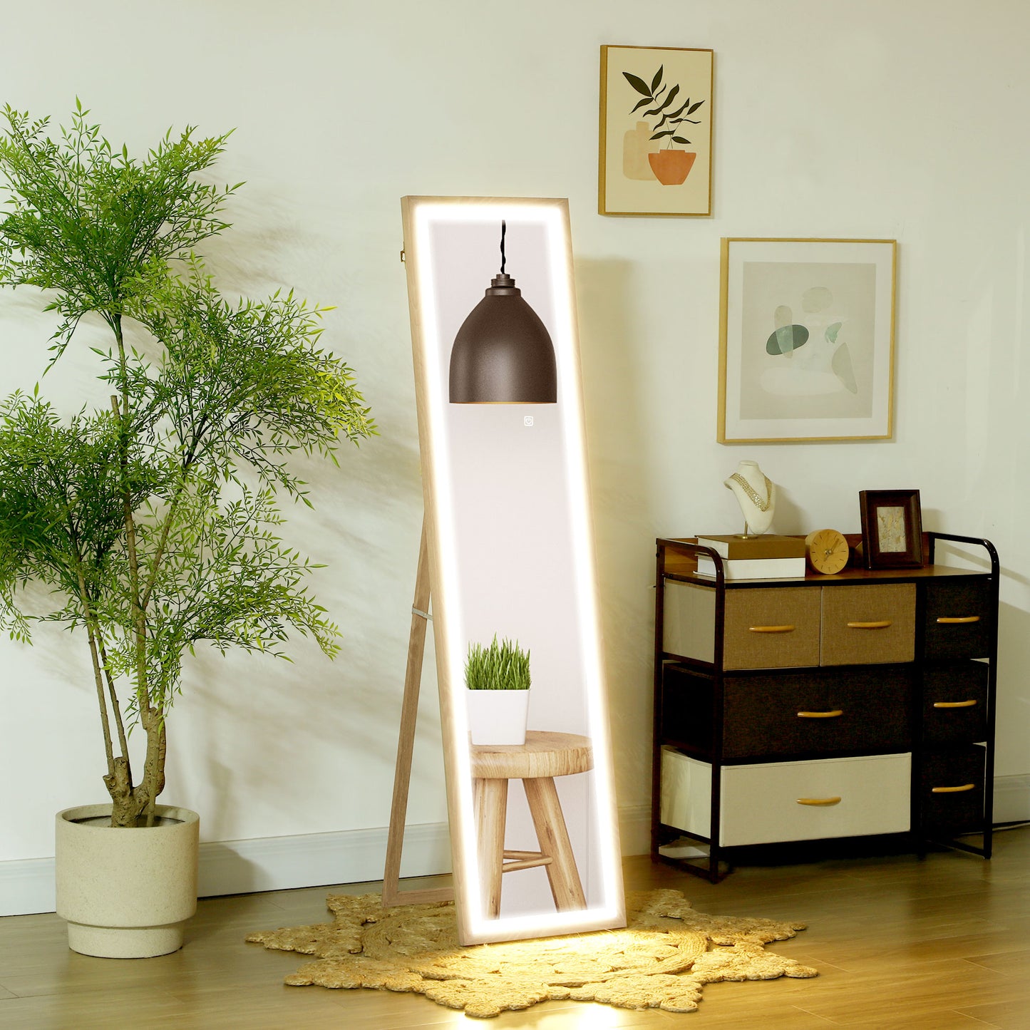 Full Length Mirror, with Adjustable Outer Light, Oak