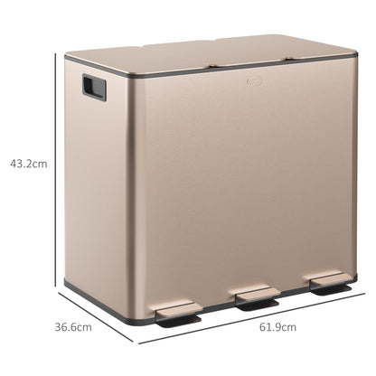 3 x 15L Pedal Bin, Steel Triple Kitchen Bin with Soft Close Lid, Removable Inner Buckets, Fingerprint-Proof, Gold Tone