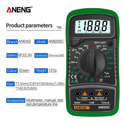 ANENG AN8205C Digital Multimeter AC/DC Ammeter Volt Ohm Multimeter Tester Meter With Thermocouple LCD Backlight Portable