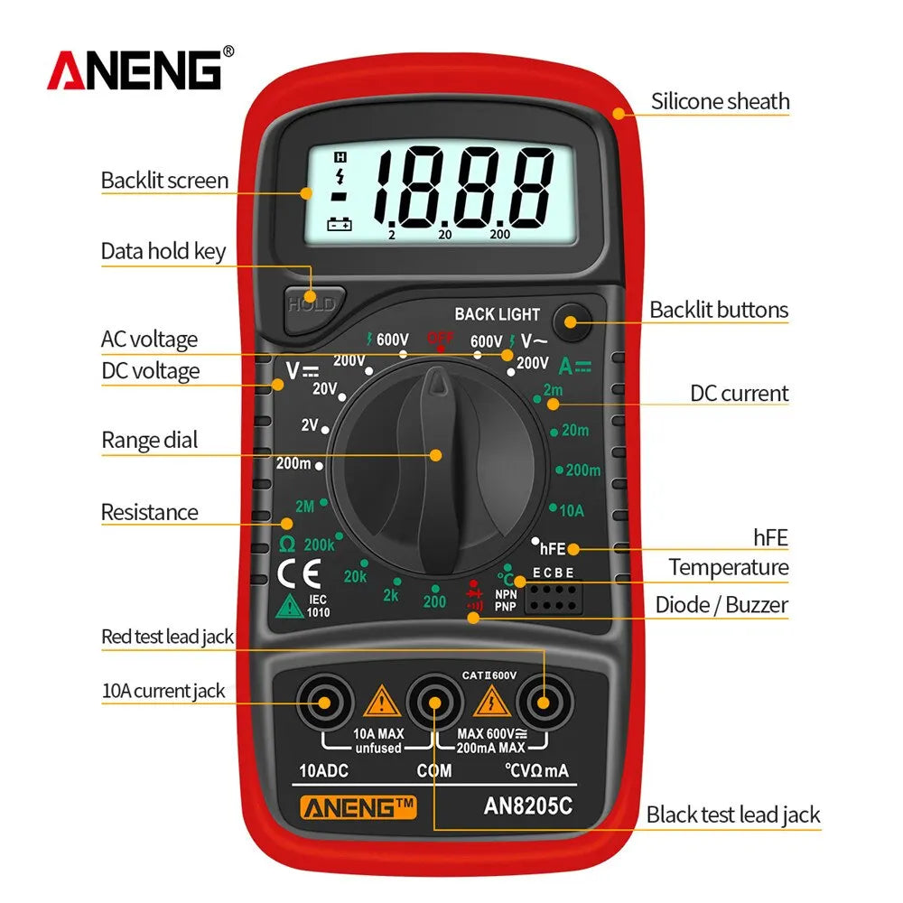 ANENG AN8205C Digital Multimeter AC/DC Ammeter Volt Ohm Multimeter Tester Meter With Thermocouple LCD Backlight Portable