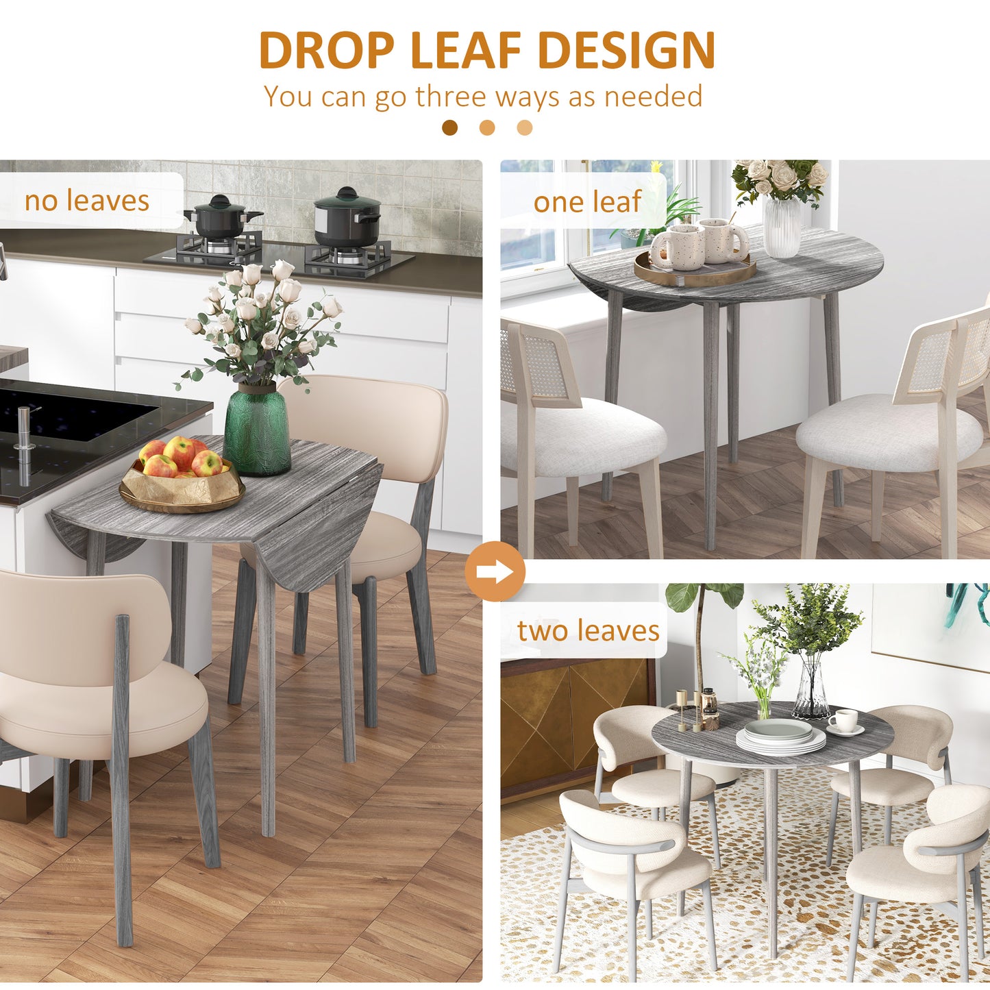 Folding Dining Table for 4, Round Drop Leaf Table, Modern Space Saving Small Kitchen Table with Wood Legs for Dining Room, Grey