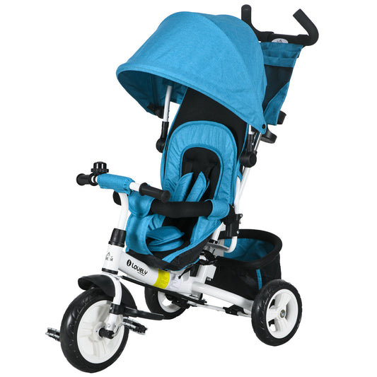 4 in 1 Kids Trike Push Bike w/ Push Handle, Canopy, 5-point Safety Belt, Storage, Footrest, Brake, for 1-5 Years, Blue