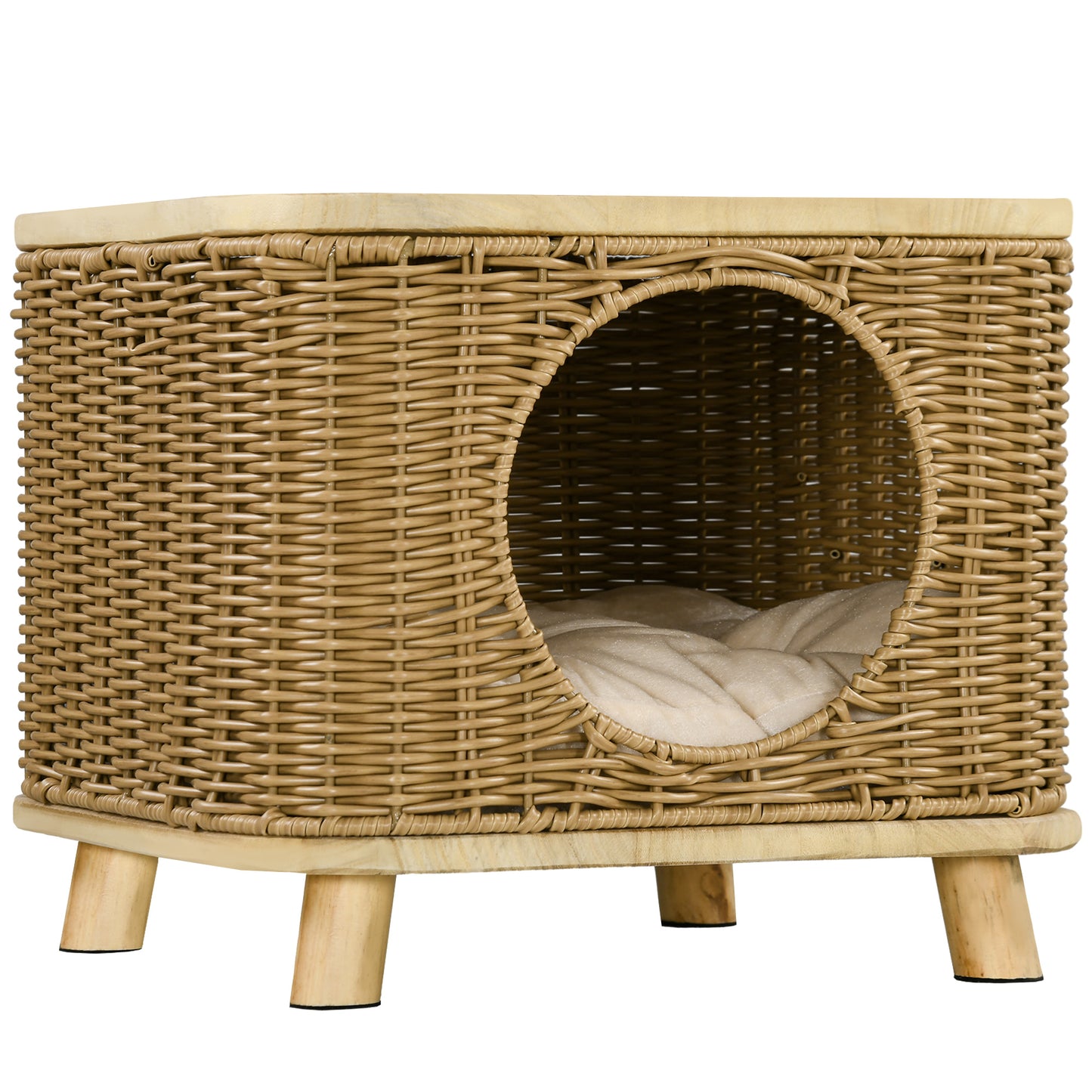 PawHut Elevated Design Wicker Cat House with Washable Cushion, Light Brown