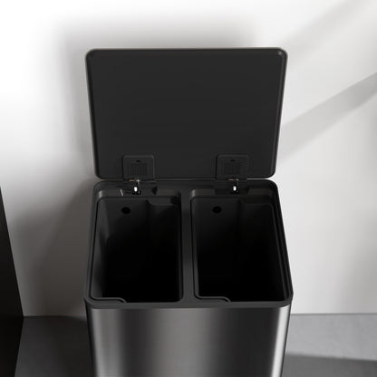 HOMCOM Dual Kitchen Bin, 2 x 30L Double Bin for Recycling and Waste, Stainless Steel Pedal Bin with Soft-Close Lid, Removable Inner Buckets and Handles, Black