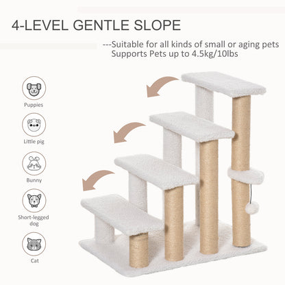 PawHut Pet Stairs with 4-step Climb Ladder, Scratching Posts, Platforms, Toy Ball, for Indoor Elderly Cats Kittens, White