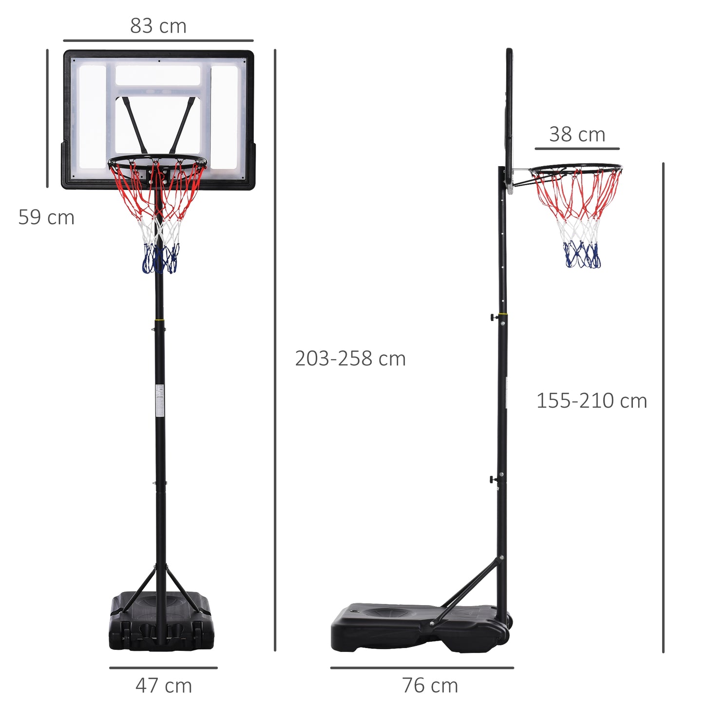 Height Adjustable Basketball Hoop And Stand, Free Standing Portable System With Fillable Base and Wheels, for Teens Junior Adults, 1.55-2.1m